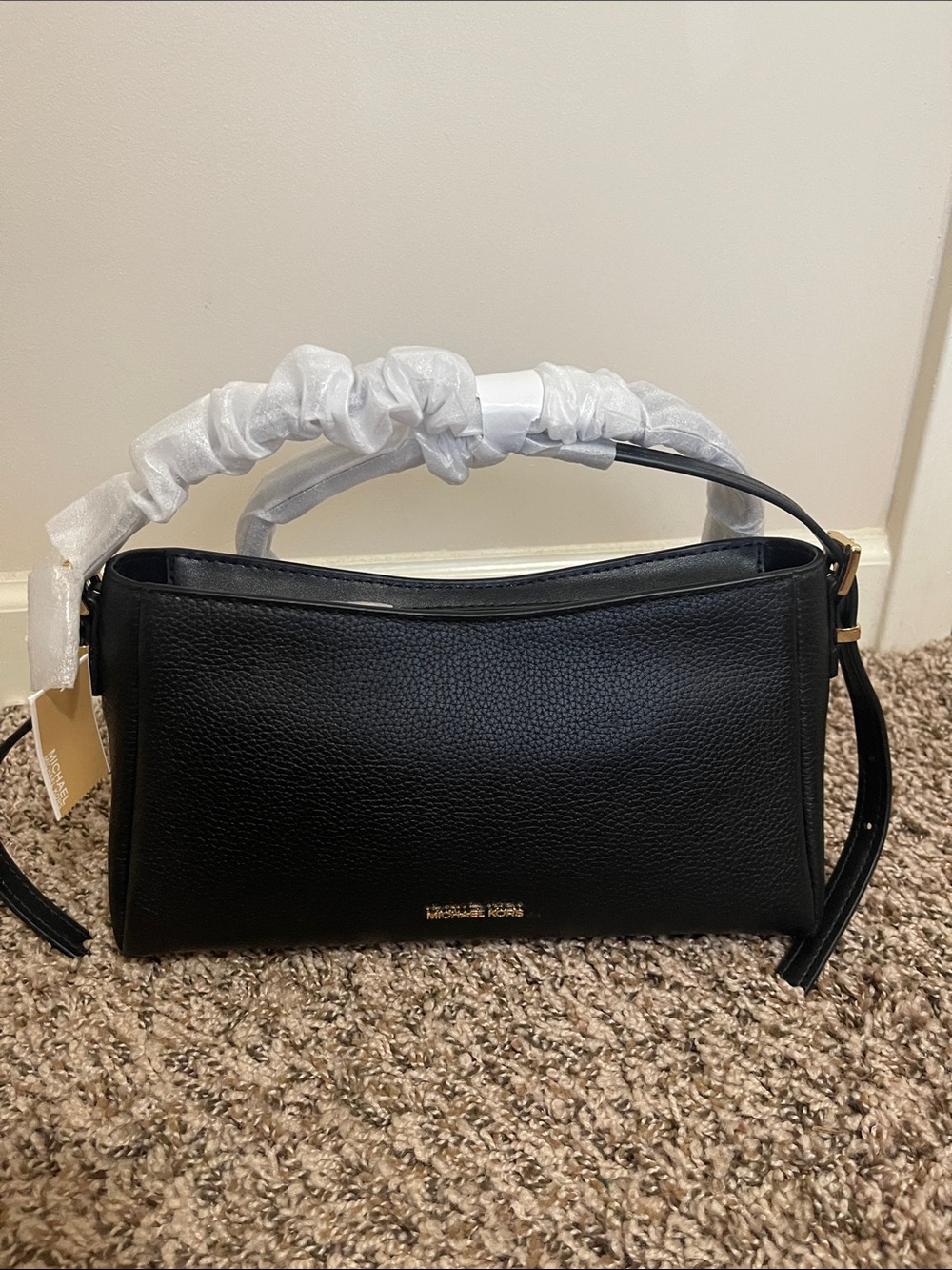 Michael Kors Black Pebbled Leather Top-Handle Shoulder Bag with Gold Hardware